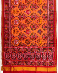 Red & Peach Orange Narikunj Flower Semi Double Ikat Patola Saree