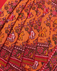 Red & Peach Orange Narikunj Flower Semi Double Ikat Patola Saree