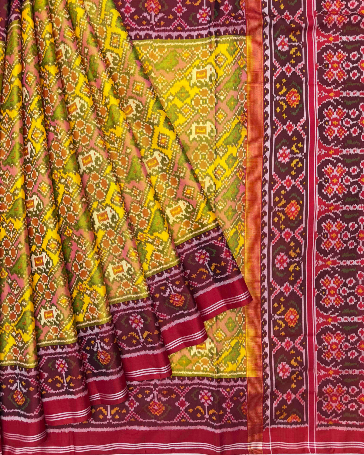 Red & Yellow with Light Pink Narikunj Leheriya Semi Double Ikat Patola Saree