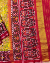 Red & Yellow with Light Pink Narikunj Leheriya Semi Double Ikat Patola Saree