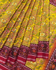 Red & Yellow with Light Pink Narikunj Leheriya Semi Double Ikat Patola Saree