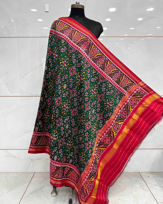 Red & Green Navratan Twill Patola Dupatta