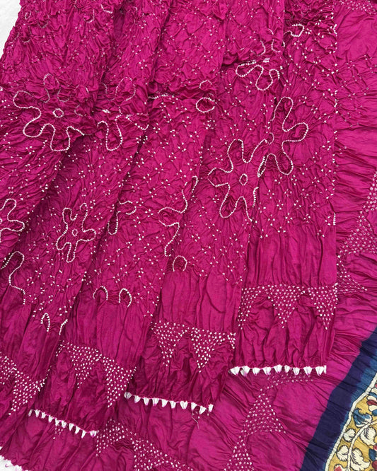 Pink Muga Silk Pen Kamalkari Bandhani Saree