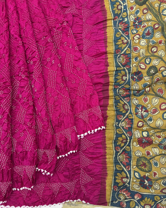 Pink Muga Silk Pen Kamalkari Bandhani Saree