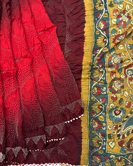 Maroon & Red Shaded Muga Silk Pen Kamalkari Bandhani Saree