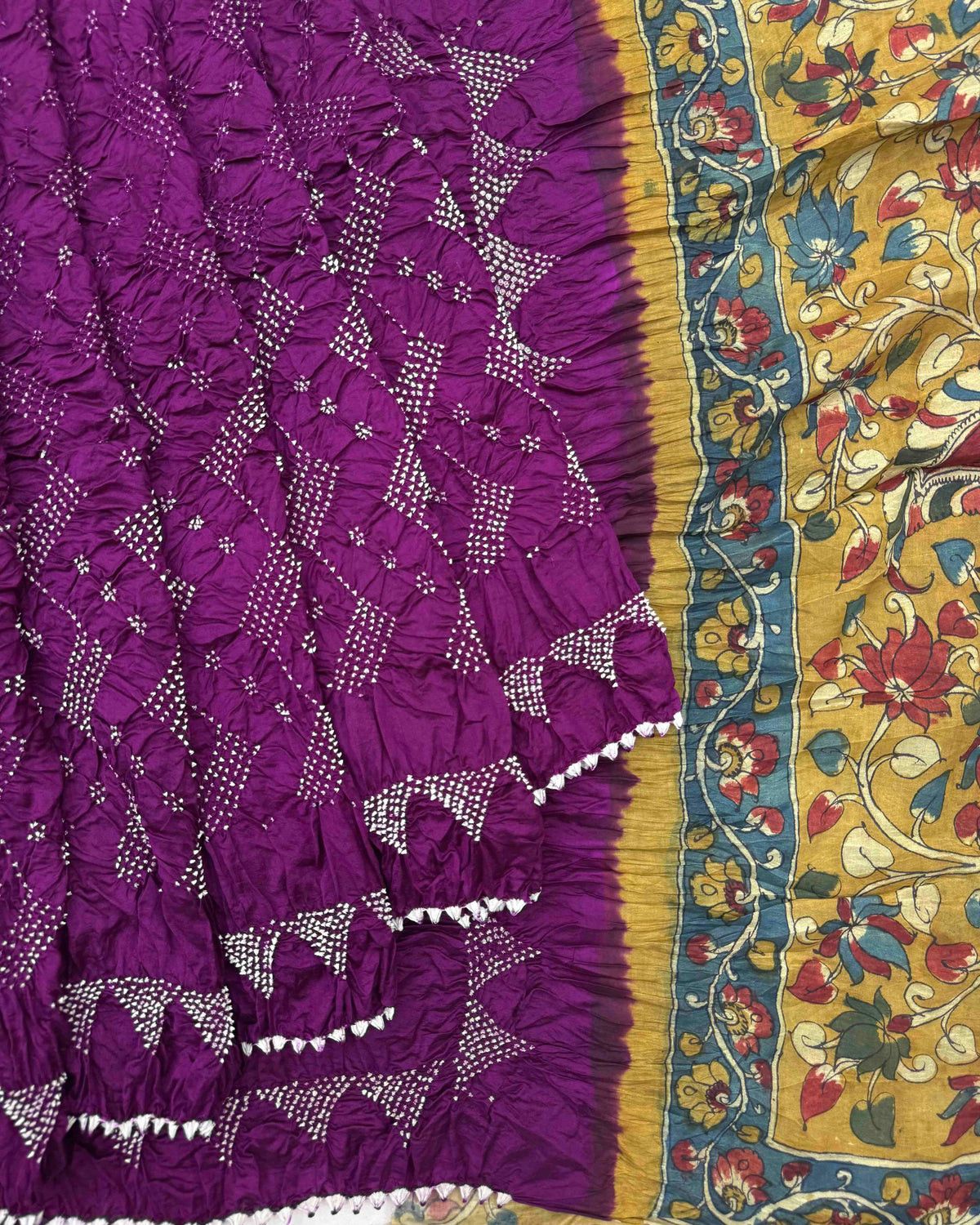 Purple Muga Silk Pen Kamalkari Bandhani Saree