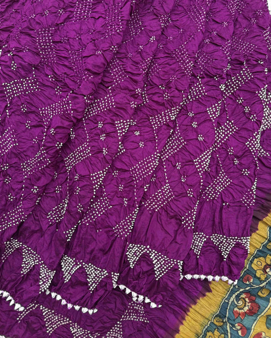 Purple Muga Silk Pen Kamalkari Bandhani Saree