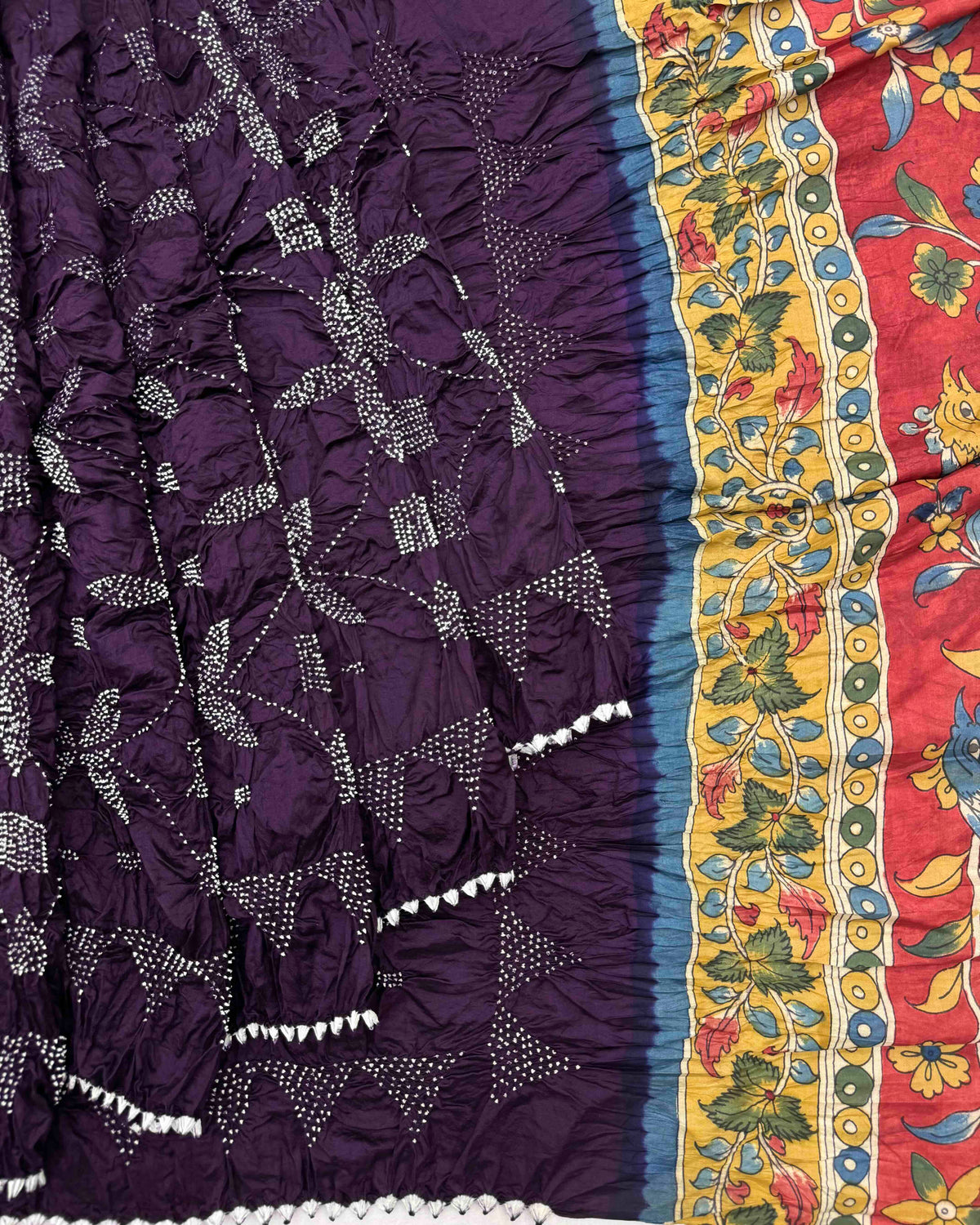 Dark Purple Muga Silk Pen Kamalkari Bandhani Saree