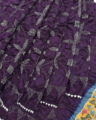 Dark Purple Muga Silk Pen Kamalkari Bandhani Saree