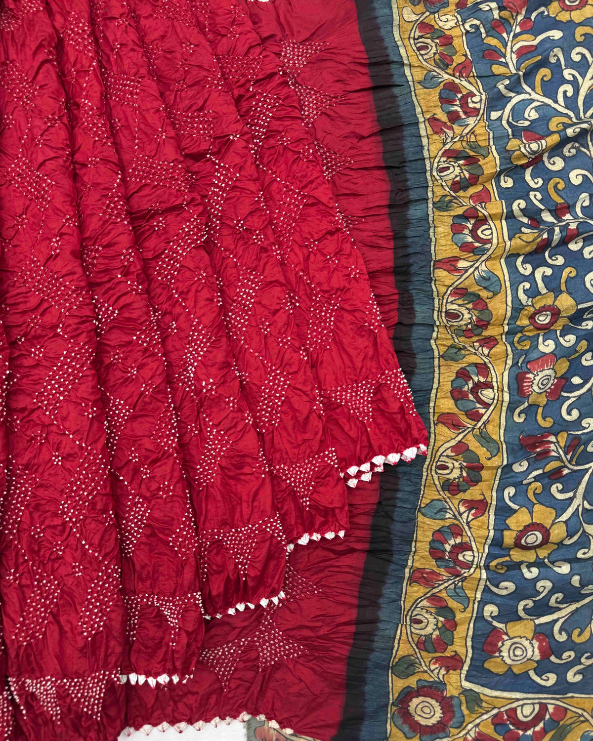 Red Muga Silk Pen Kamalkari Bandhani Saree