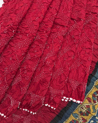 Red Muga Silk Pen Kamalkari Bandhani Saree