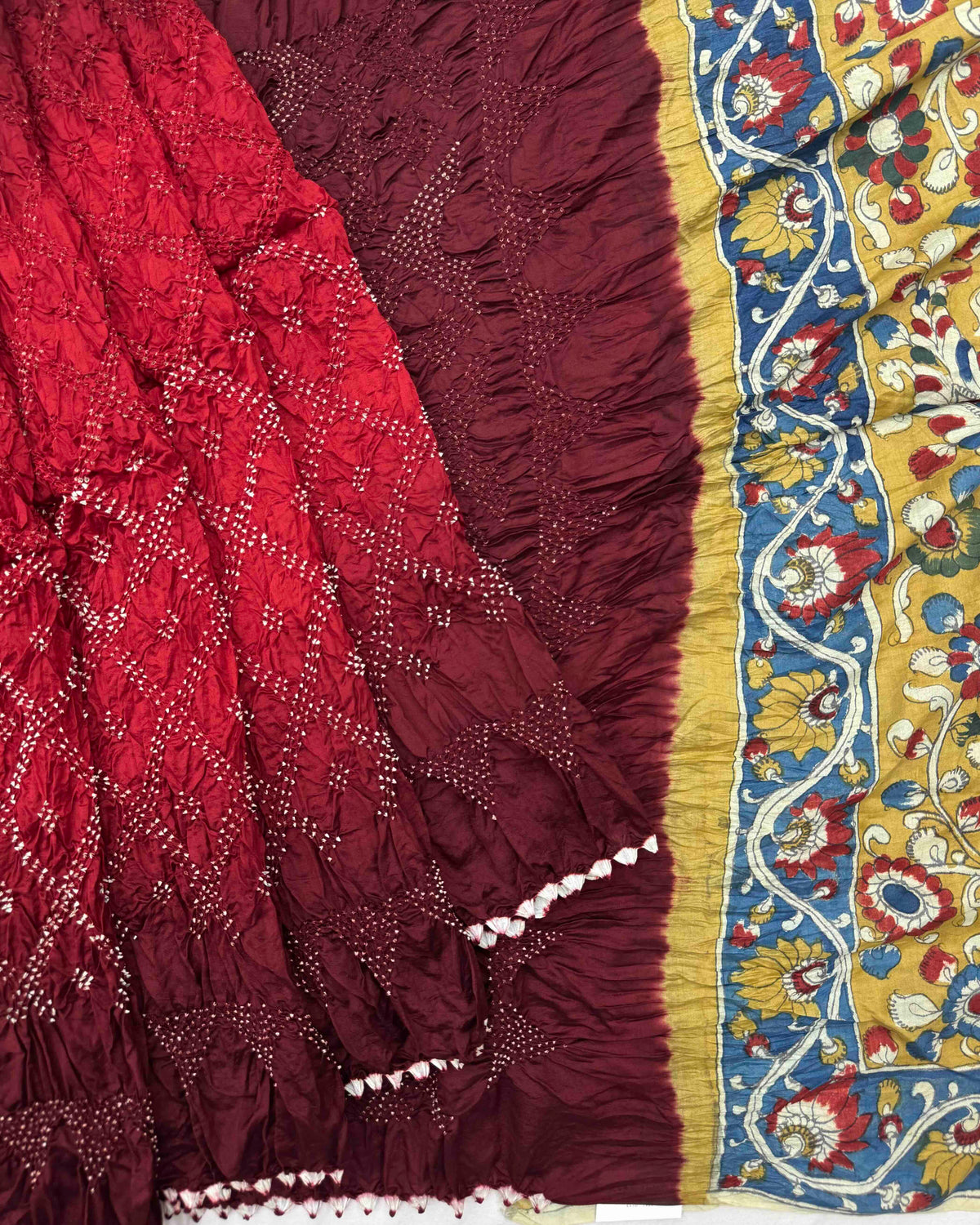 Maroon & Red Shaded Muga Silk Pen Kamalkari Bandhani Saree