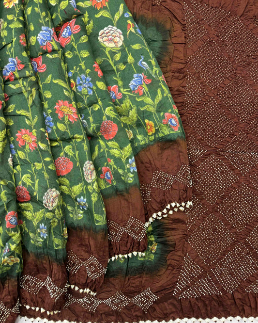 Brown & Green Flower Pichhwai Bandhani Saree