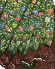 Brown & Green Flower Pichhwai Bandhani Saree