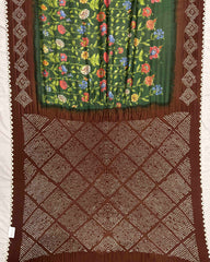 Brown & Green Flower Pichhwai Bandhani Saree