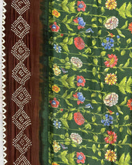 Brown & Green Flower Pichhwai Bandhani Saree