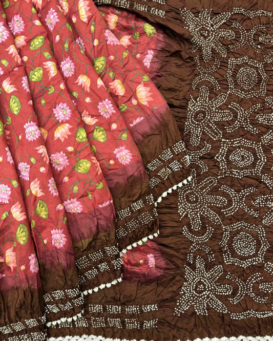 Brown & Redish Brown Orange Flower Pichhwai Bandhani Saree