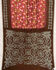 Brown & Redish Brown Orange Flower Pichhwai Bandhani Saree