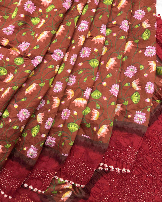 Red & Redish Brown Flower Pichhwai Bandhani Saree