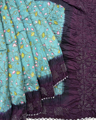 Dark Purple & Sky Blue Flower Pichhwai Bandhani Saree