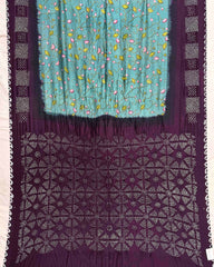 Dark Purple & Sky Blue Flower Pichhwai Bandhani Saree