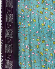 Dark Purple & Sky Blue Flower Pichhwai Bandhani Saree