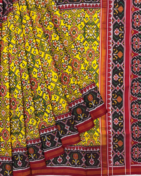 Red & Yellow Navratan Twill Patola Saree