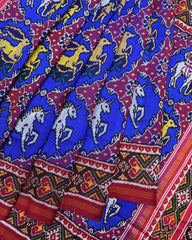 Red & Blue Big Figure Deer Horse Design Twill Patola Saree