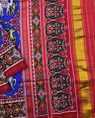 Red & Blue Big Figure Deer Horse Design Twill Patola Saree