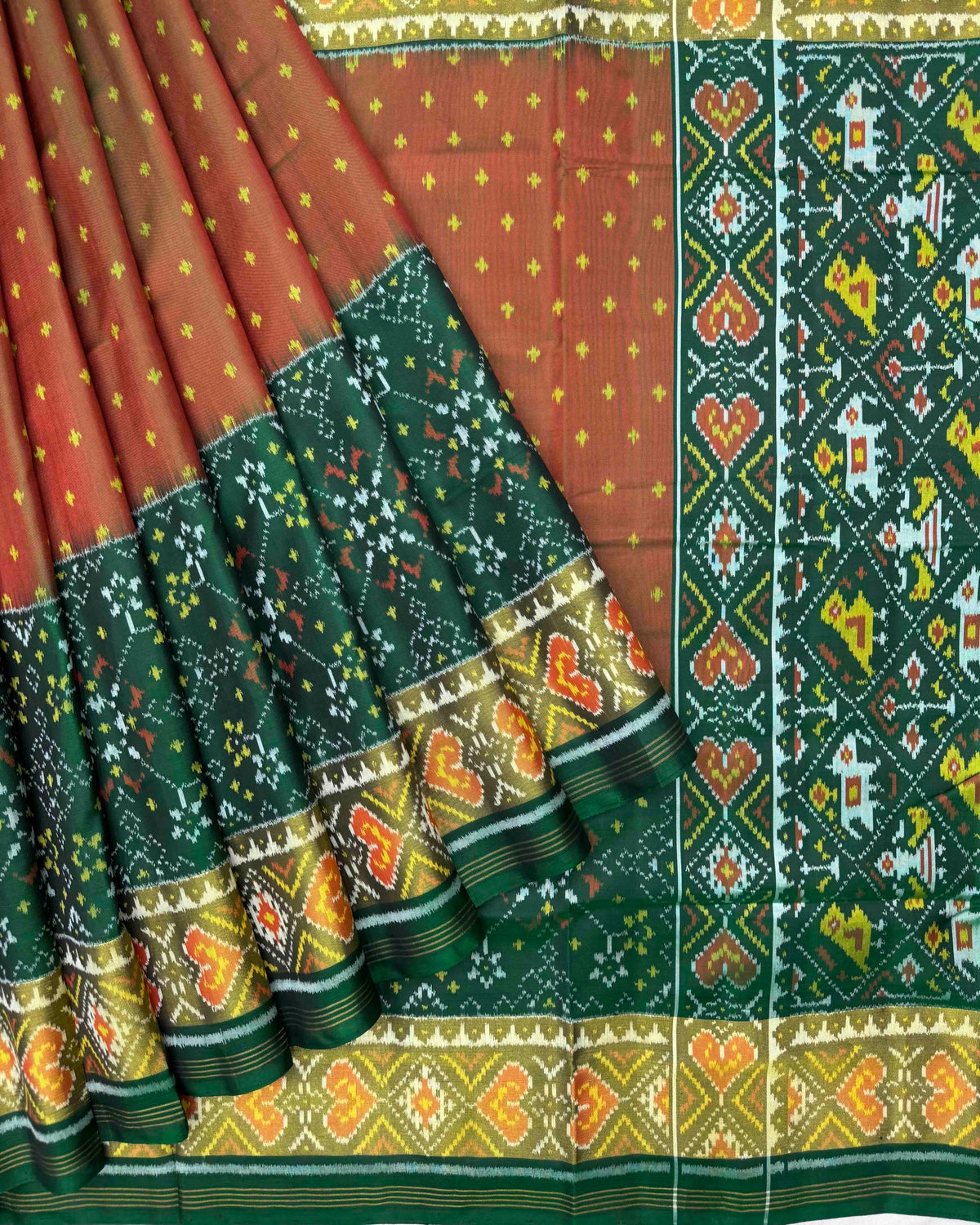 Green & Rust Doted with Navratan Scut Border Patola Saree