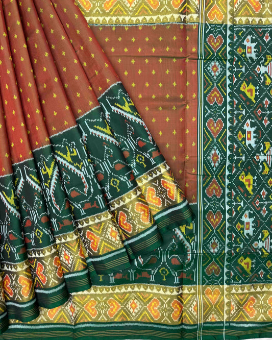 Green & Rust Doted with Peacock Scut Border Patola Saree