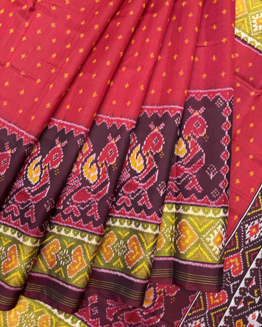 Red & Maroon Doted with Peacock Scut Border Patola Saree