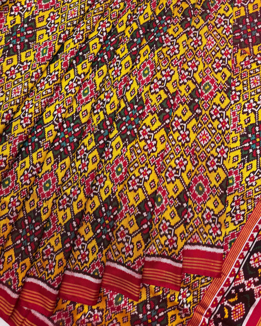 Red & Yellow Navratan Twill Patola Saree