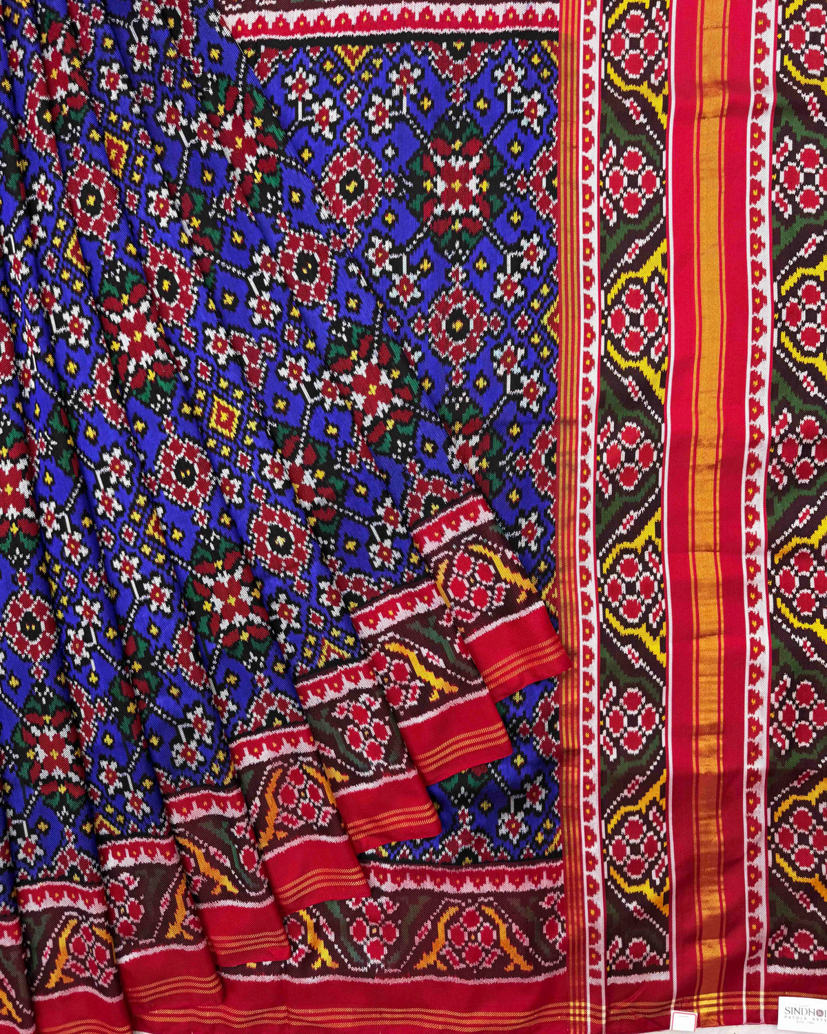 Red & Blue Navratan Twill Patola Saree