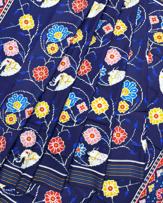 Blue Fancy Flower Elephant Circle Double Ikat Patola Saree