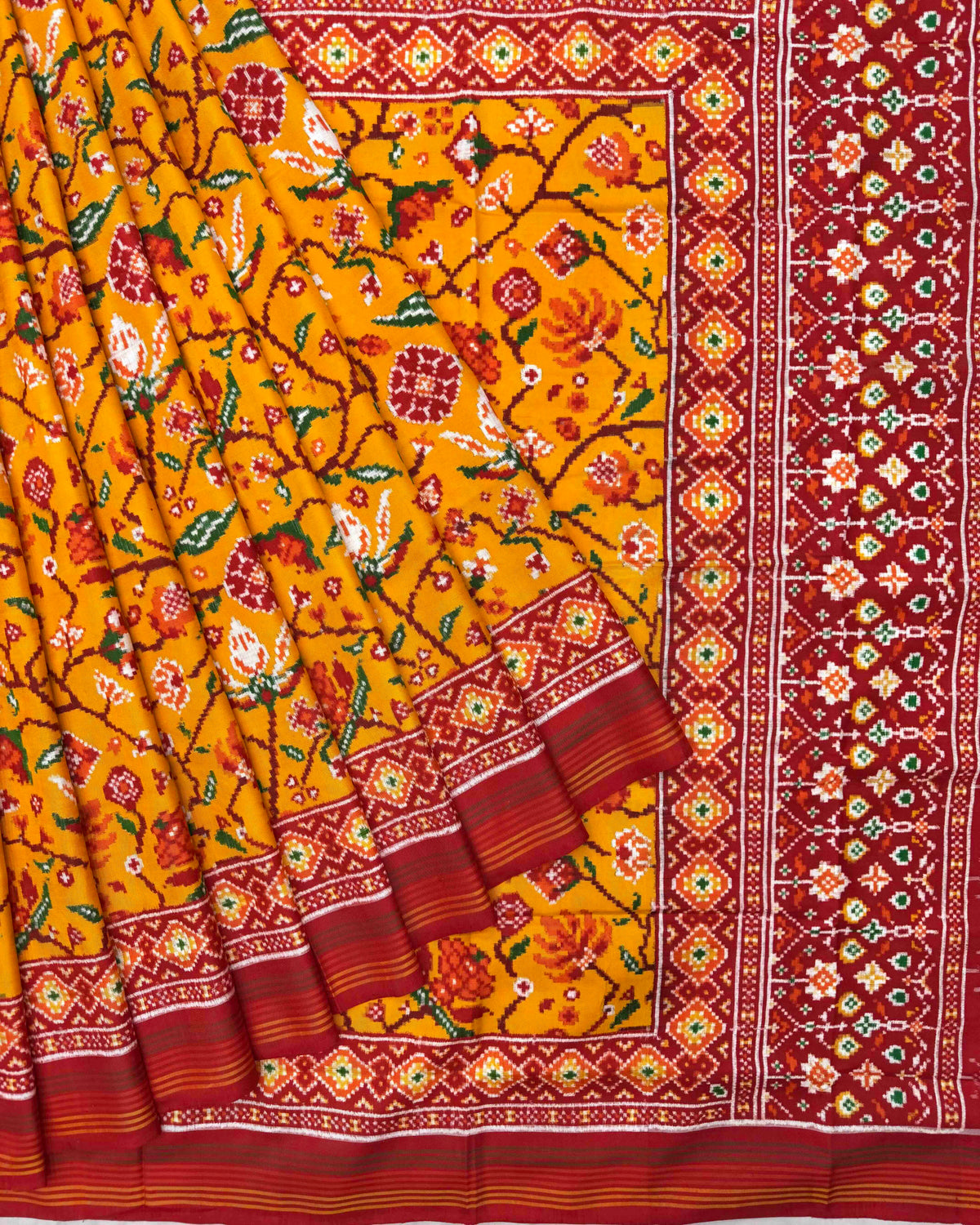 Red & Yellow Fancy Flower Double Ikat Patola Saree