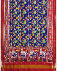 Red & Blue Flower with Elehphant Pallu Double Ikat Patola Saree