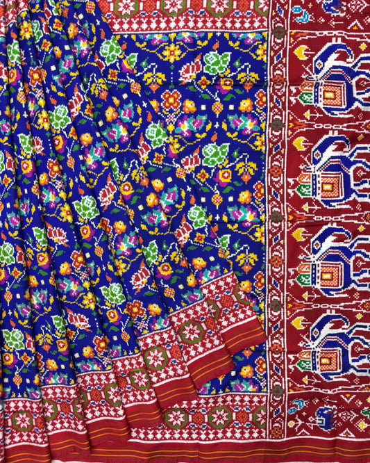 Red & Blue Flower with Elehphant Pallu Double Ikat Patola Saree