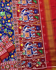 Red & Blue Flower with Elehphant Pallu Double Ikat Patola Saree