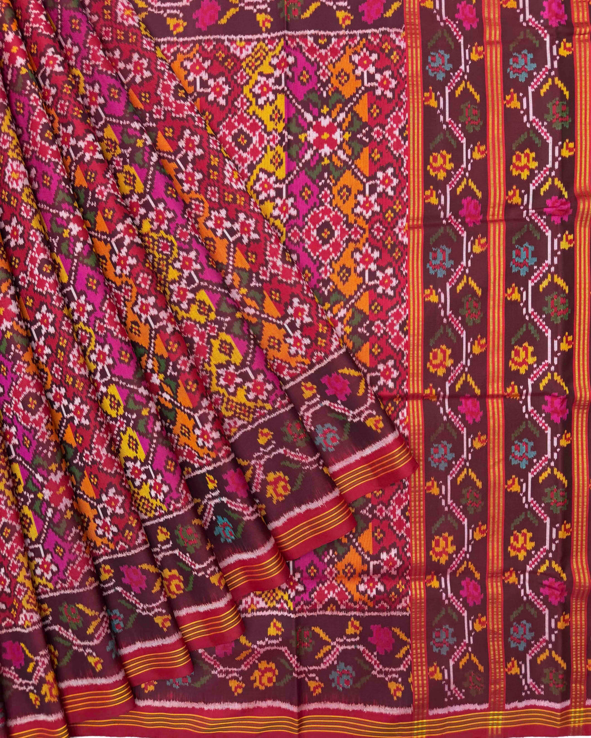 Red Multicolour Navratan Semi Double Ikat Patola Saree