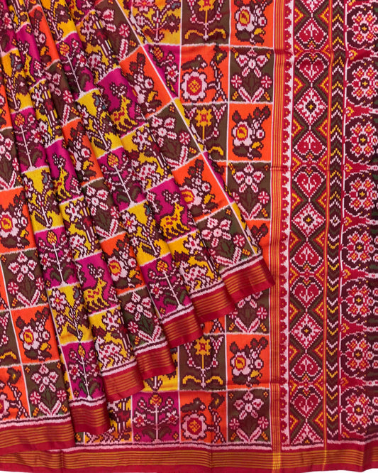 Red Multicolour Chex Narikunj Semi Double Ikat Patola Saree