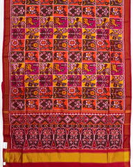 Red Multicolour Chex Narikunj Semi Double Ikat Patola Saree