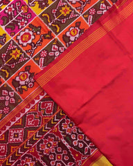 Red Multicolour Chex Narikunj Semi Double Ikat Patola Saree