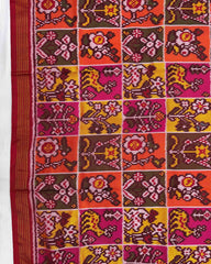 Red Multicolour Chex Narikunj Semi Double Ikat Patola Saree