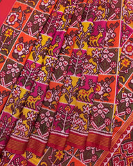 Red Multicolour Chex Narikunj Semi Double Ikat Patola Saree