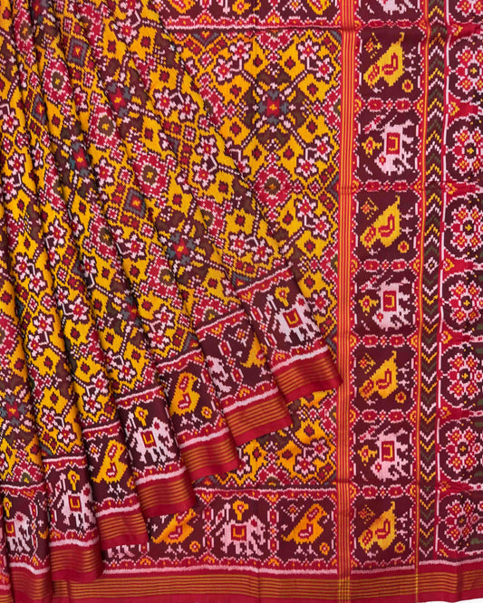 Red & Yellow Navratan Semi Double Ikat Patola Saree