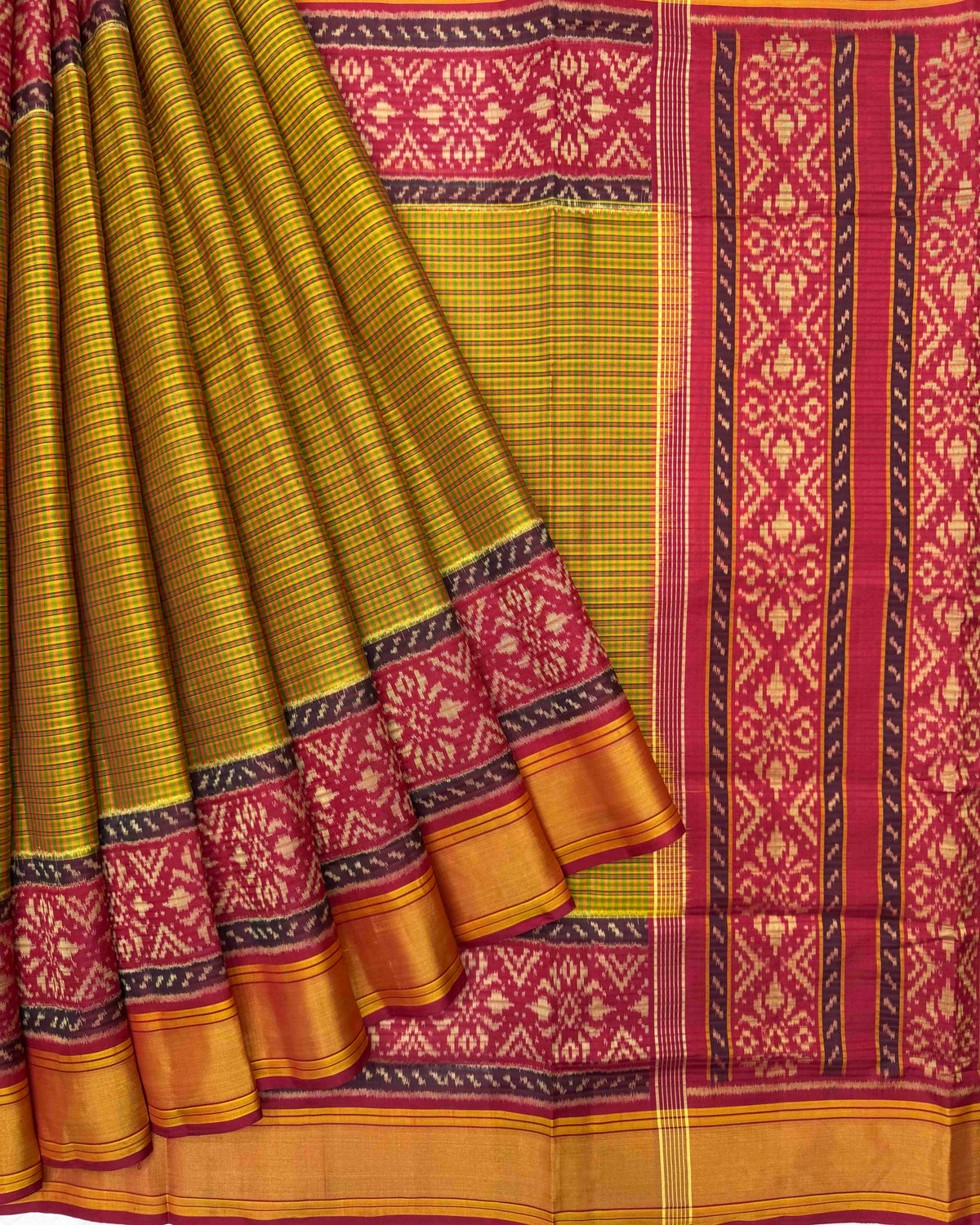 Red & Mistard Small Chex Patola Saree