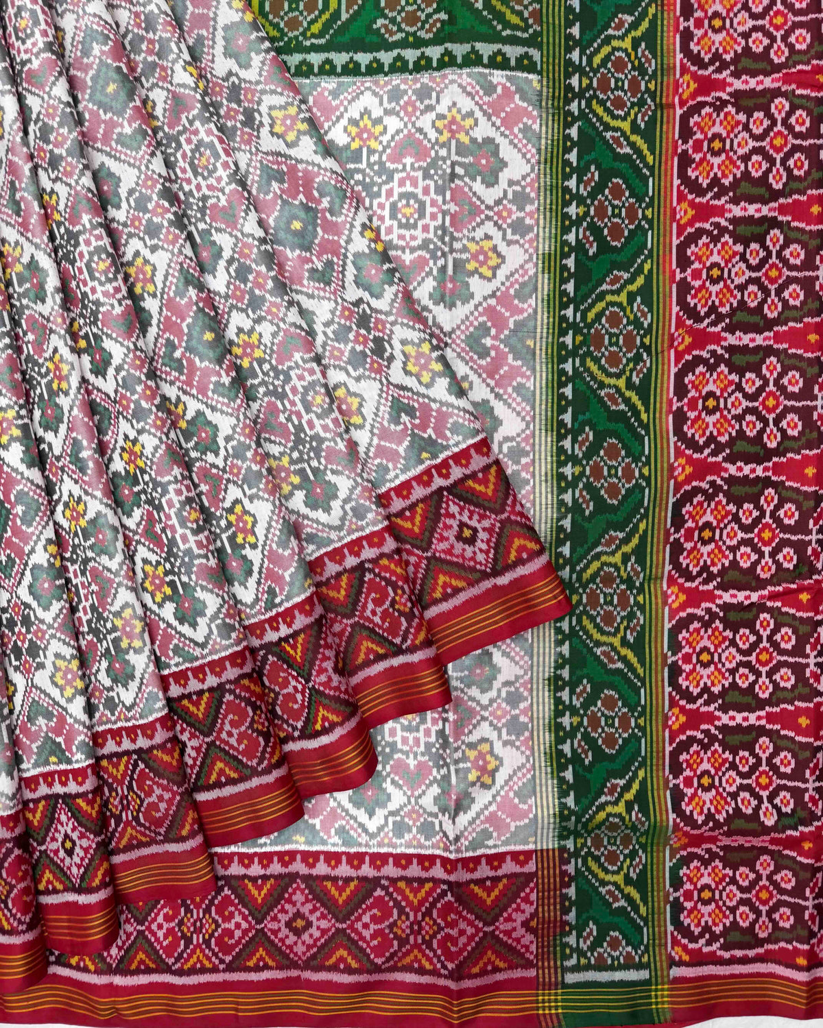 White Manekchowk Navratan Ganga Jamuna Semi Double Ikat Patola Saree