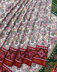 White Manekchowk Navratan Ganga Jamuna Semi Double Ikat Patola Saree