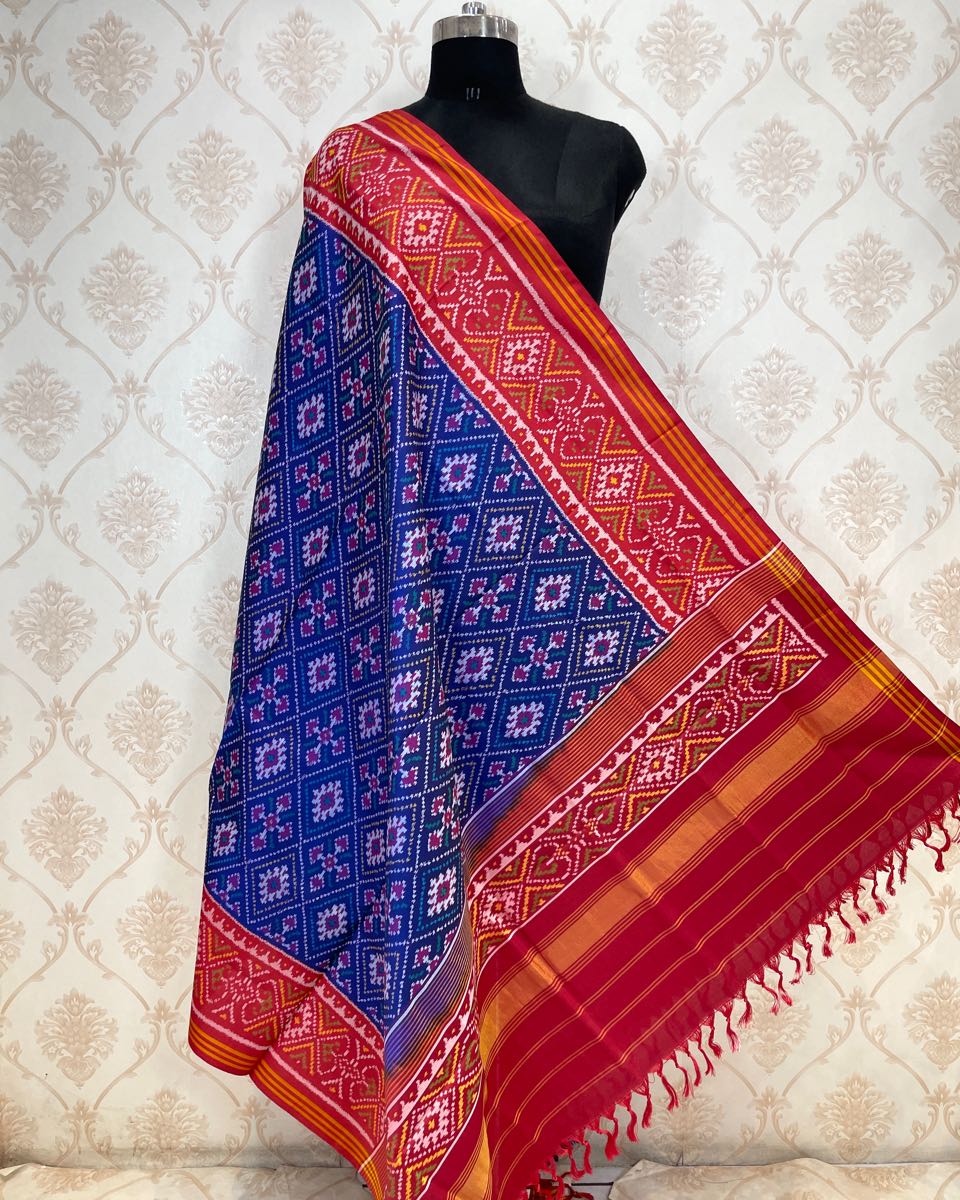 Red & Blue Panchanda Patola Dupatta - SindhoiPatolaArt